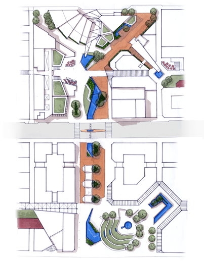 Urban site plan showing interconnecting outdoor urban spaces.