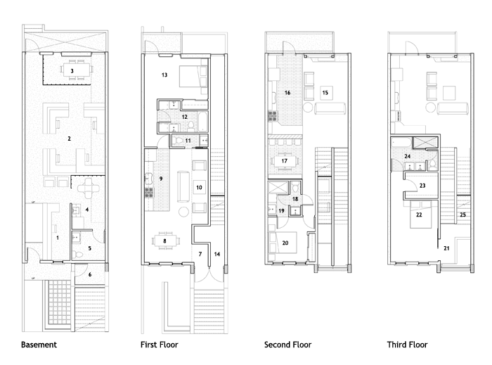 1. Reception Area<br />
						2. Work Stations<br />
						3. Conference Room<br />
						4. Break Room<br />
						5. Restroom<br />
						6. Garbage Room<br />
						7. Entry & Mud Room<br />
						8. Dining Room<br />
						9. Kitchen <br />
						10. Living Room <br />
						11. Powder Room <br />
						12. Bathroom<br />
						13. Bedroom<br />
						14. Entry & Mud Room<br />
						15. Living Room<br />
						16. Kitchen<br />
						17. Dining Room<br />
						18. Powder Room<br />
						19. Bathroom<br />
						20. Bedroom<br />
						21. Computer Niche<br />
						22. Master Bedroom<br />
						23. Closet<br />
						24. Master Bathroom<br />
						25. Stair to Roof Deck<br />