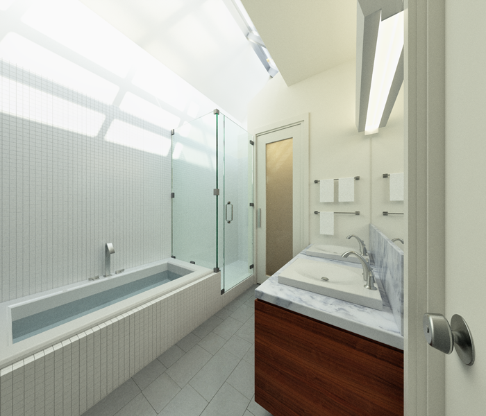 The shower and bathtub in the master bathroom on the third floor are awash in light from the rooftop light monitor.