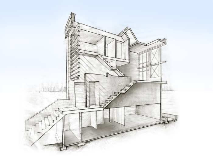 Hand drawn, stepped sectional perspective with three cut planes illustrating the volumetric variations within the building.