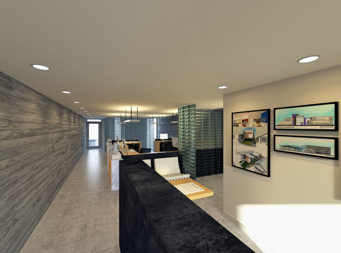 Entry and reception area of basement office space. Depicted as an architecture office.