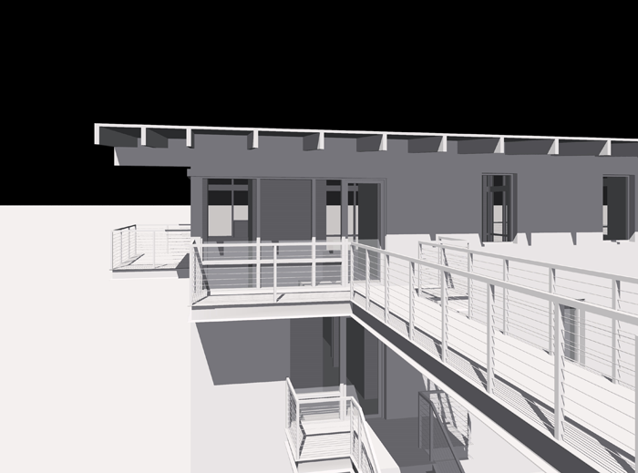 Massing model. View of the entry bridge.